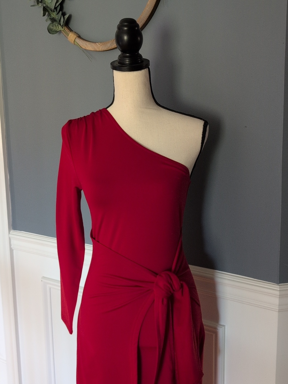 Sleeveless One Shoulder Cocktail Dress Bodycon Tie Waist Dress - Red, Size Small - Picture 5 of 10